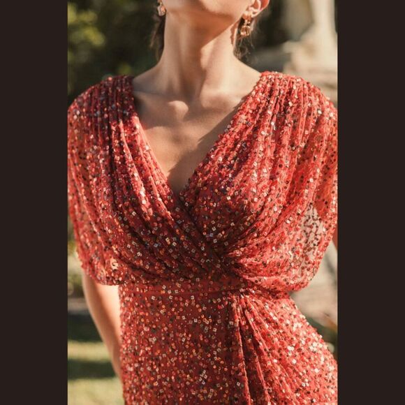 Mac Duggal 5640 Size 18 Coral Orange Sequin Draped Sleeve V-Neck Gown Maxi Dress - Picture 3 of 5